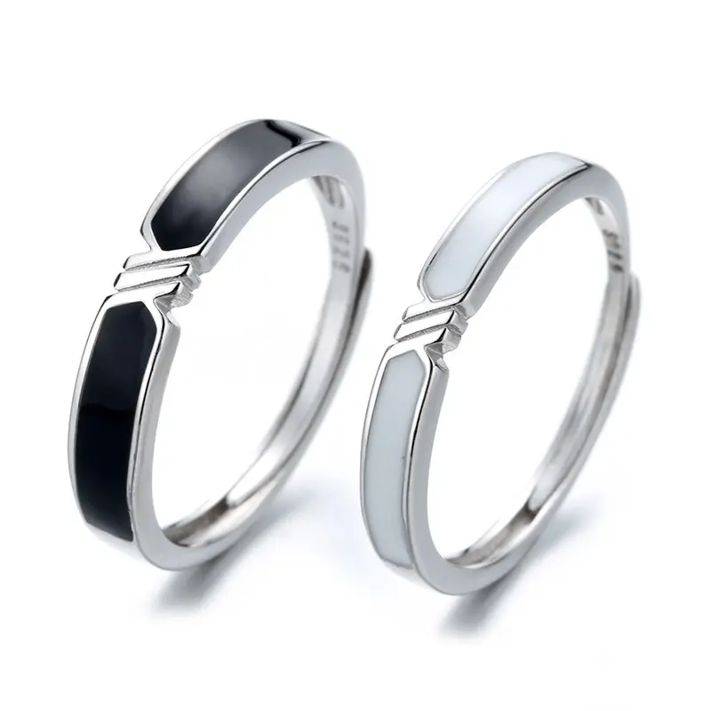 Hot Verkopende Nieuwe Minimalistische Zwarte S925 Sterling Zilveren Paar Ring Verstelbare Opening Ring Voor Mannen En Vrouwen Geschenken Groothandel