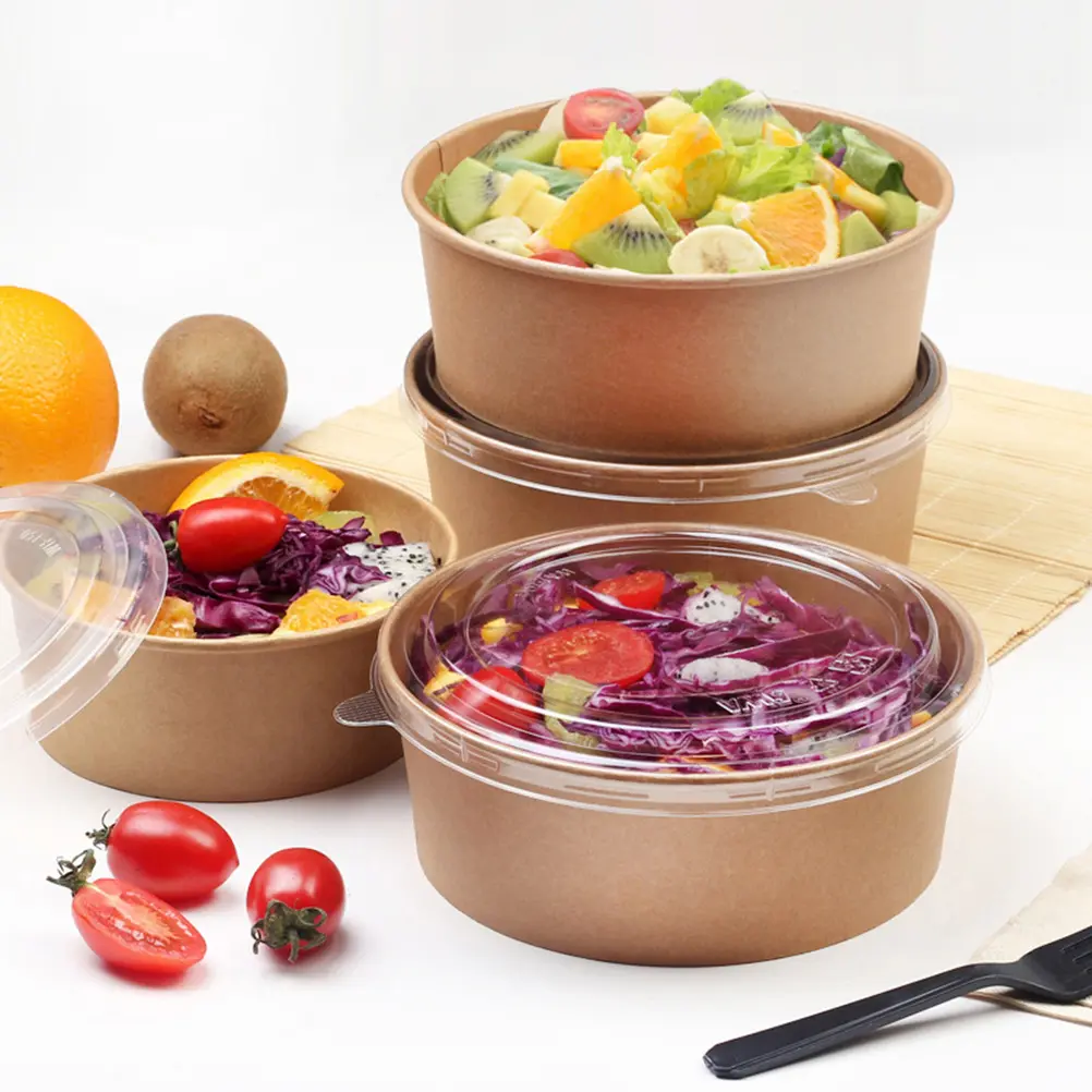 Disposable Paper Salad Bowl with Plastic Minimalist Custom Size Accepted Food Ingredients Packaging Support Single Wall with Lid