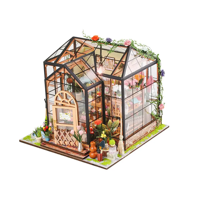 Casa de flores para niñas, Casa de muñecas en miniatura de madera, Kit de construcción de jardín, bricolaje, Jenny