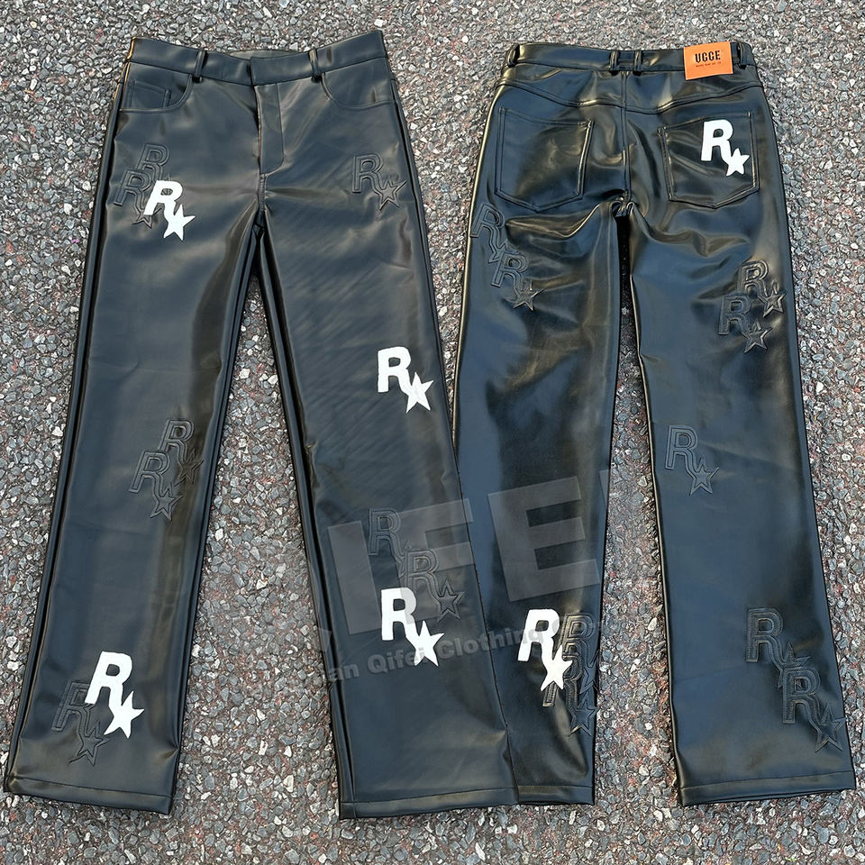 Pantaloni in pelle da uomo con toppa ricamata pantaloni Hip Hop Punk Streetwear personalizzati