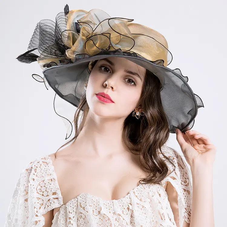 Moda elegante decorare Sinamay donne vestono cappelli da chiesa con uso di piume: decorare o utilizzare feste adulti tinta unita KT-1635