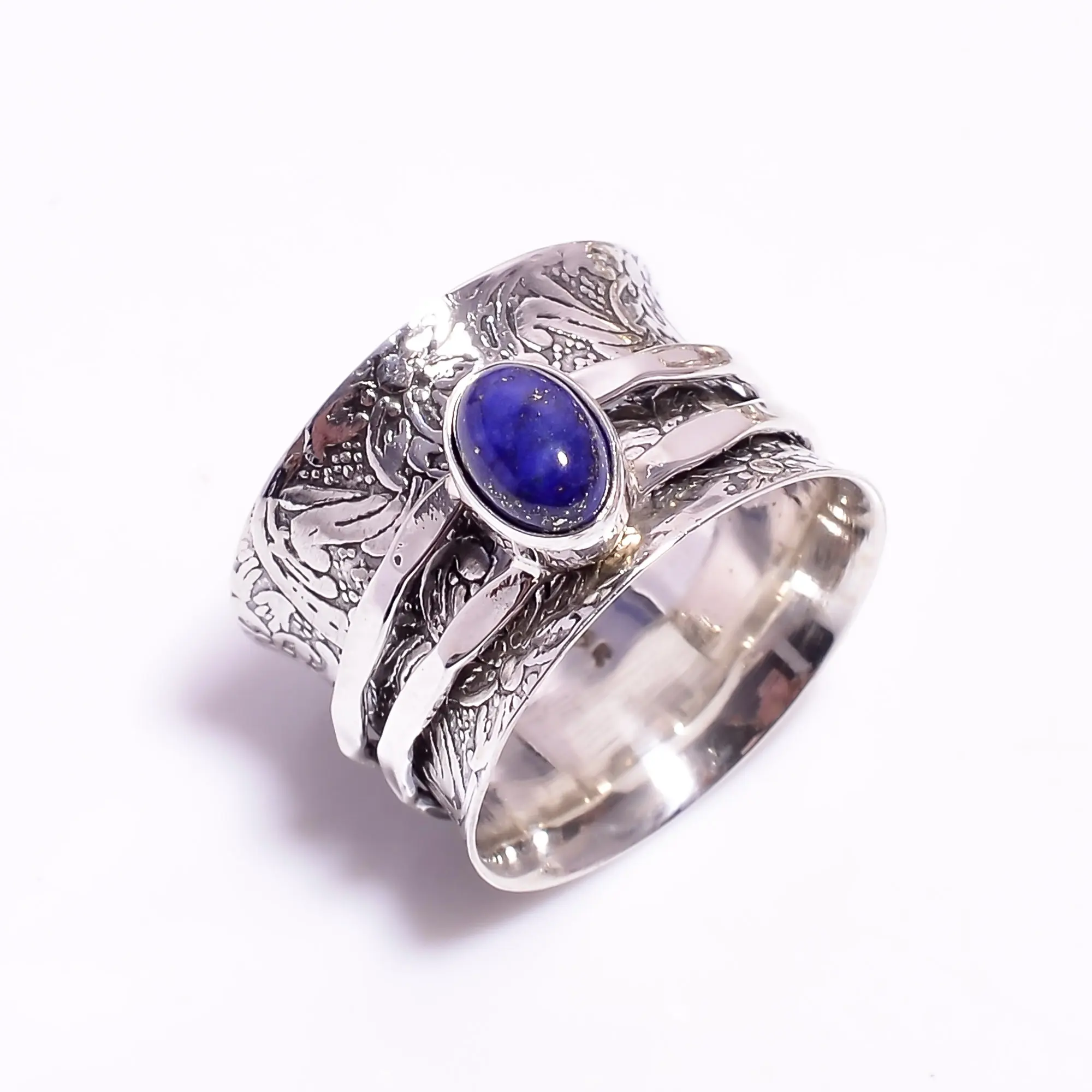 Awesome Design Oval Shape Lapis Gemstone 925 Sterling Silver Meditation Spinner Rings, Handmade Texture Ring für Womens