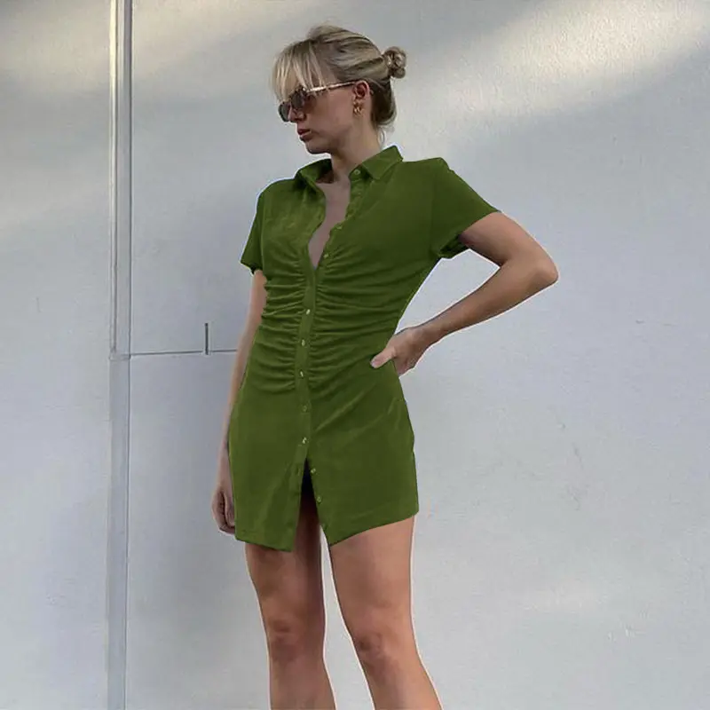 2021 جديد وصول المرأة قطعة واحدة فساتين أزياء قصيرة الأكمام مطوي الأخضر قميص اللباس