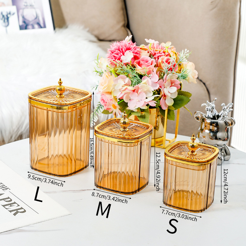 Amber square jar SML3 with gold-rimmed tower beads