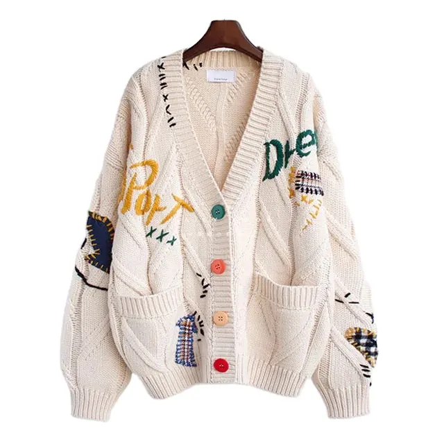 OEM clásico señoras grueso bordado Crochet Cardigan con bolsillos cuello en V de un solo pecho de gran tamaño de las mujeres de punto de Cachemira Cardigan