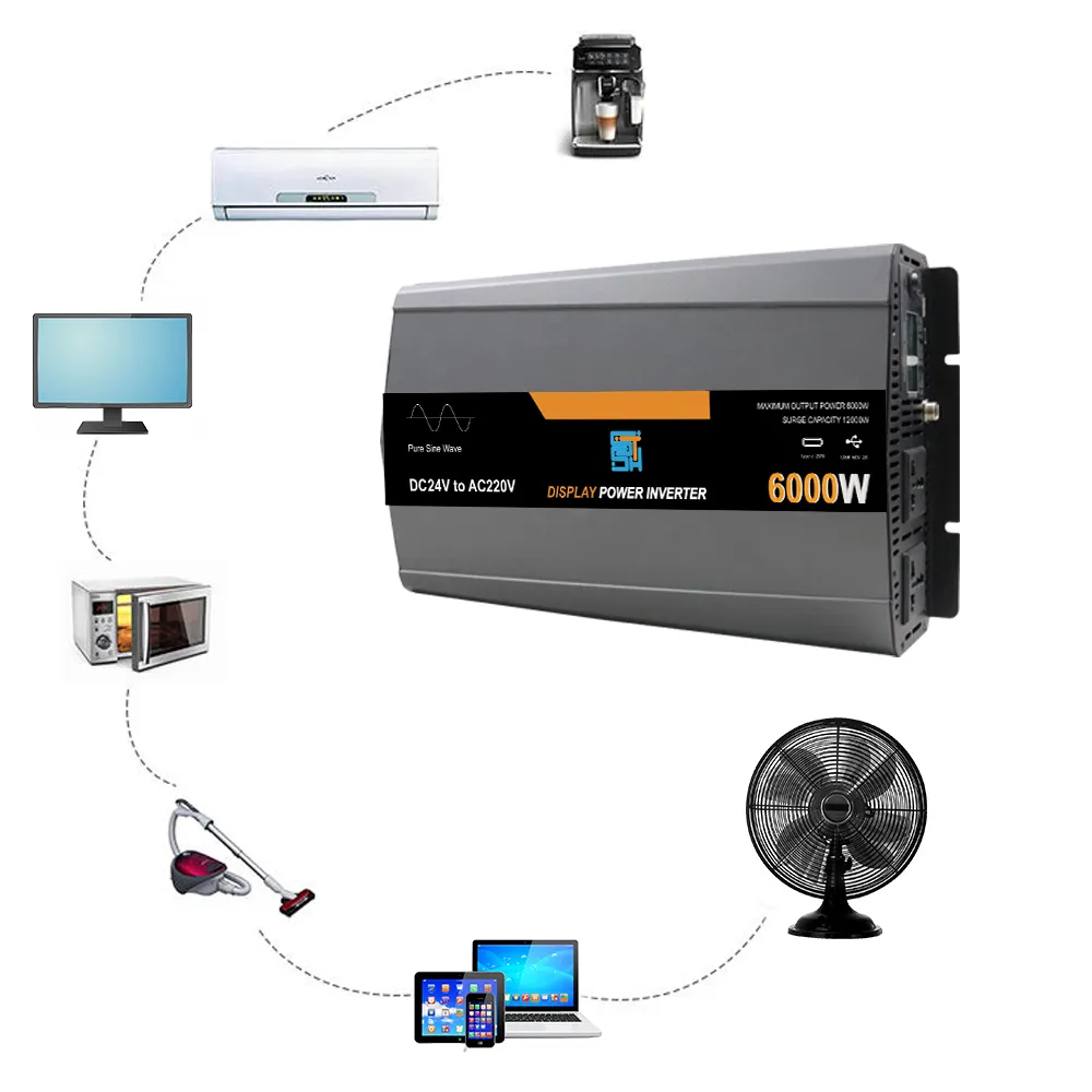 Inversor fuera de la red 12V 24V a 220V 230V Rv Home 6000W 6000Watts Inversor de energía solar de onda sinusoidal pura CC a CA