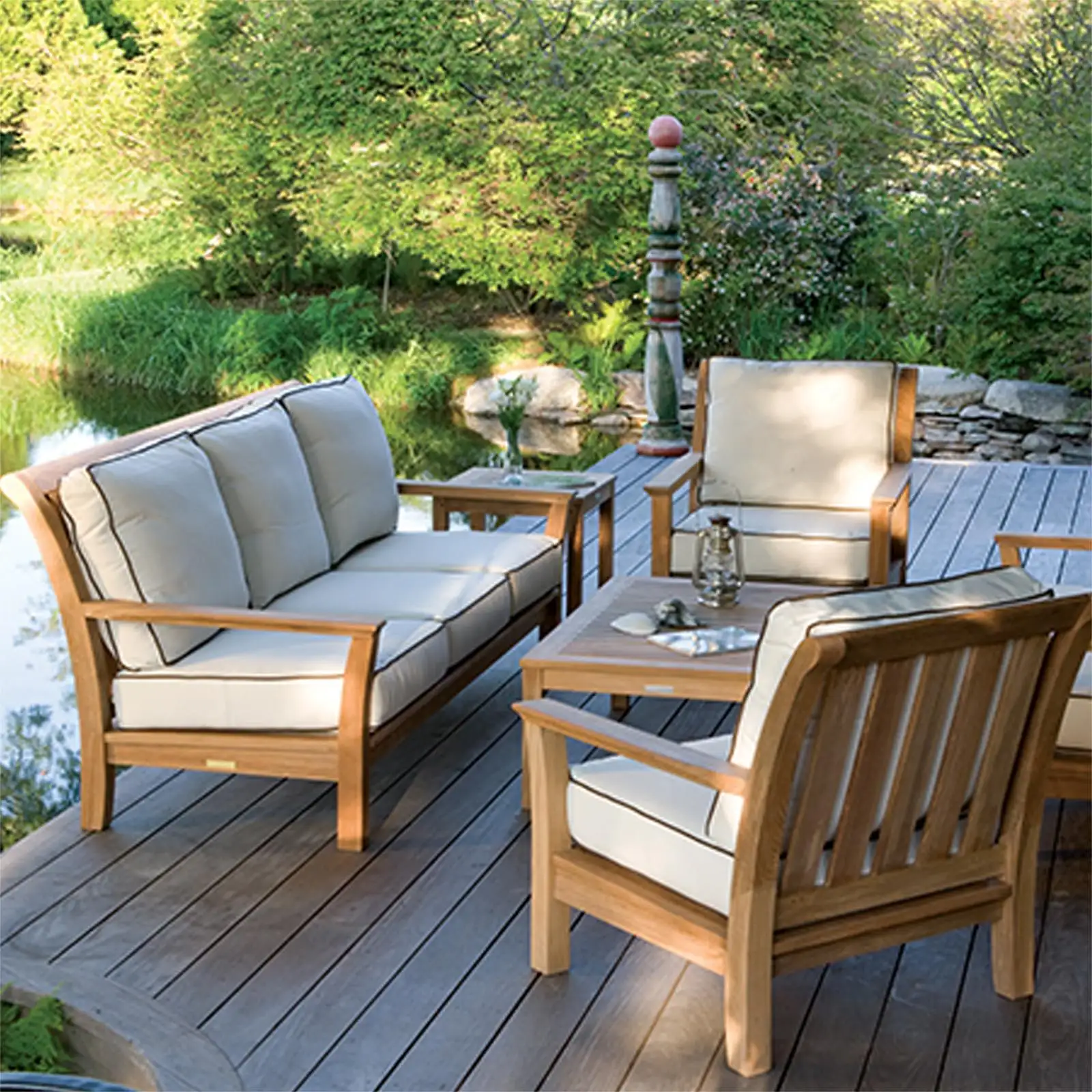 Nórdico al aire libre Villa patio jardín madera de teca mesa de centro y sofá patio mesa de comedor sillas de ocio muebles