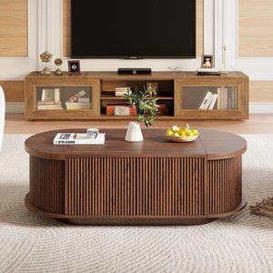 Hiện đại hình bầu dục phòng khách bảng với lưu trữ Bàn cà phê bằng gỗ với Báo Chí loại cửa và 2 Flip-Top ẩn nắp cho phòng khách - Product Image 2