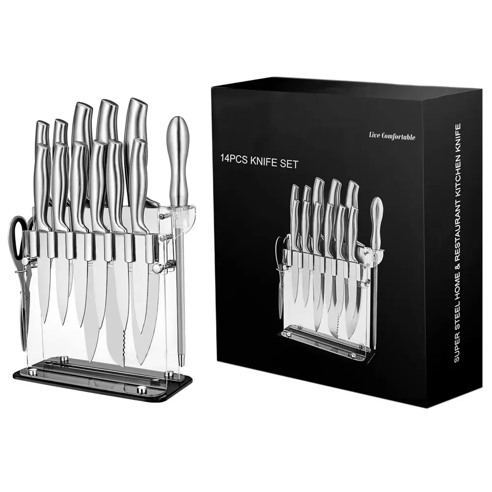Sıcak satış 14 adet mutfak bıçağı seti paslanmaz çelik içi boş el mutfak bıçakları kalemtıraş ve makas