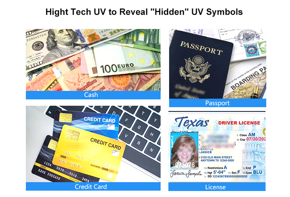 Ultraviolet UV Counterfeit Bill Money Detector Bills Credit Cards Banknote Passports IDs All Currencies Auto ON/Off