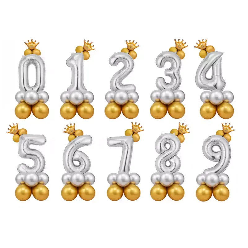 Venta caliente de 32 pulgadas de plata 0-9 Número globo mini corona de metal cromado de látex globo de niños Feliz cumpleaños decoración del partido