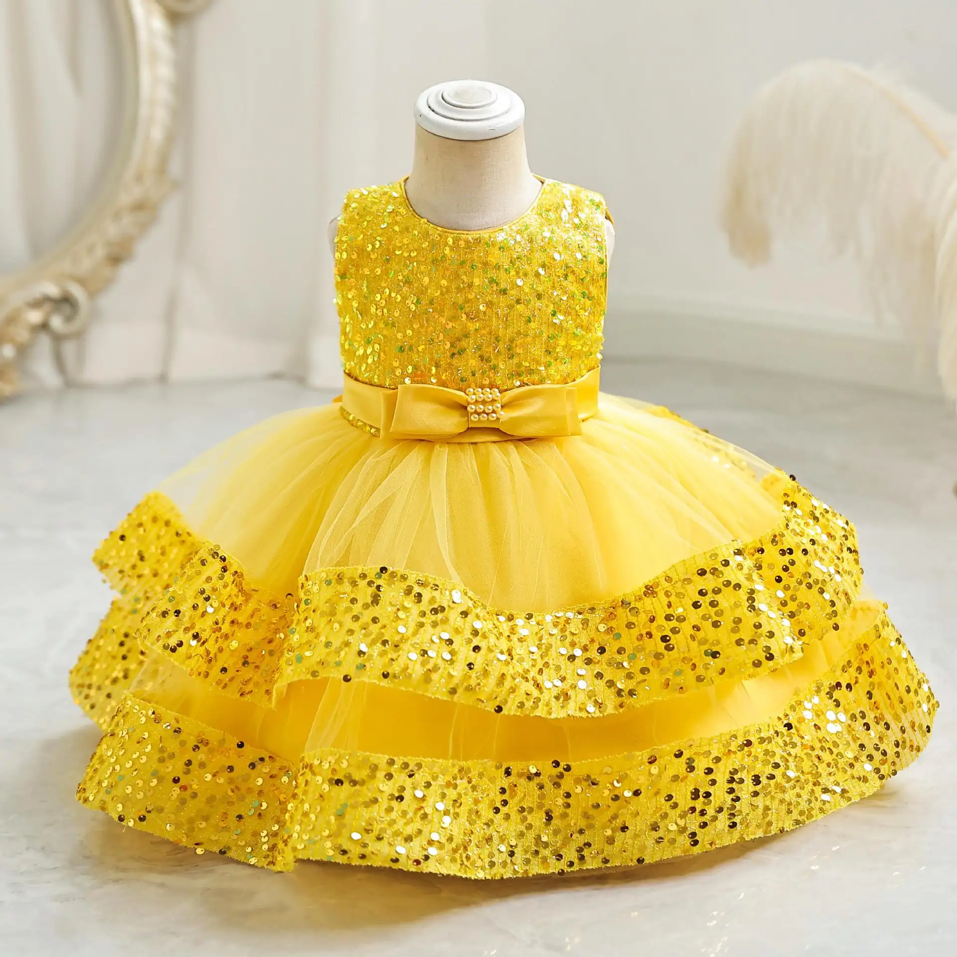 3009 venta al por mayor 1-6 AÑOS NIÑOS princesa niña vestido de lentejuelas en capas mullido niña fiesta de cumpleaños vestidos de noche elegantes