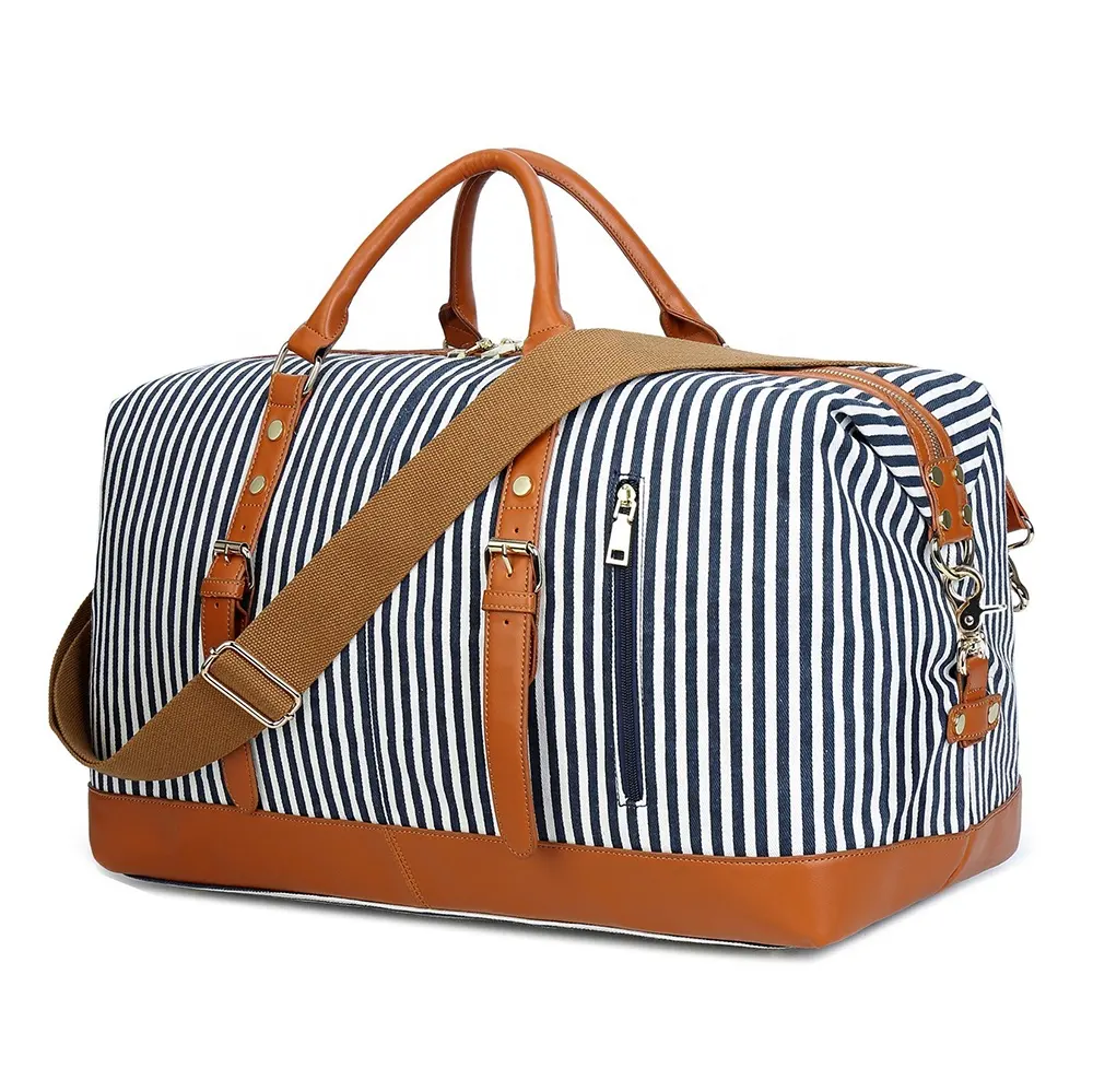 Toptan özelleştirme Lady seyahat Tote çanta şık PU deri Trim tuval gecede bagaj çantası haftasonu seyahat çantası