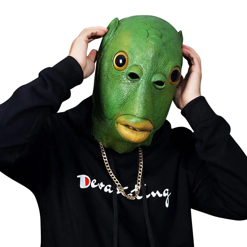 Maschera per casco Cosplay di pesce verde Angleron testa di animale in lattice di Halloween