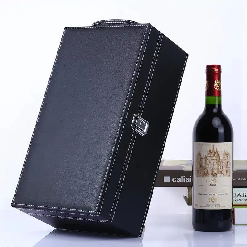 शराब की बोतल बॉक्स चमड़े 2 लाल शराब शैम्पेन उपहार बॉक्स जोड़ी एक चार-टुकड़ा शराब किट वाहक के साथ संभाल यात्रा के मामले आयोजक
