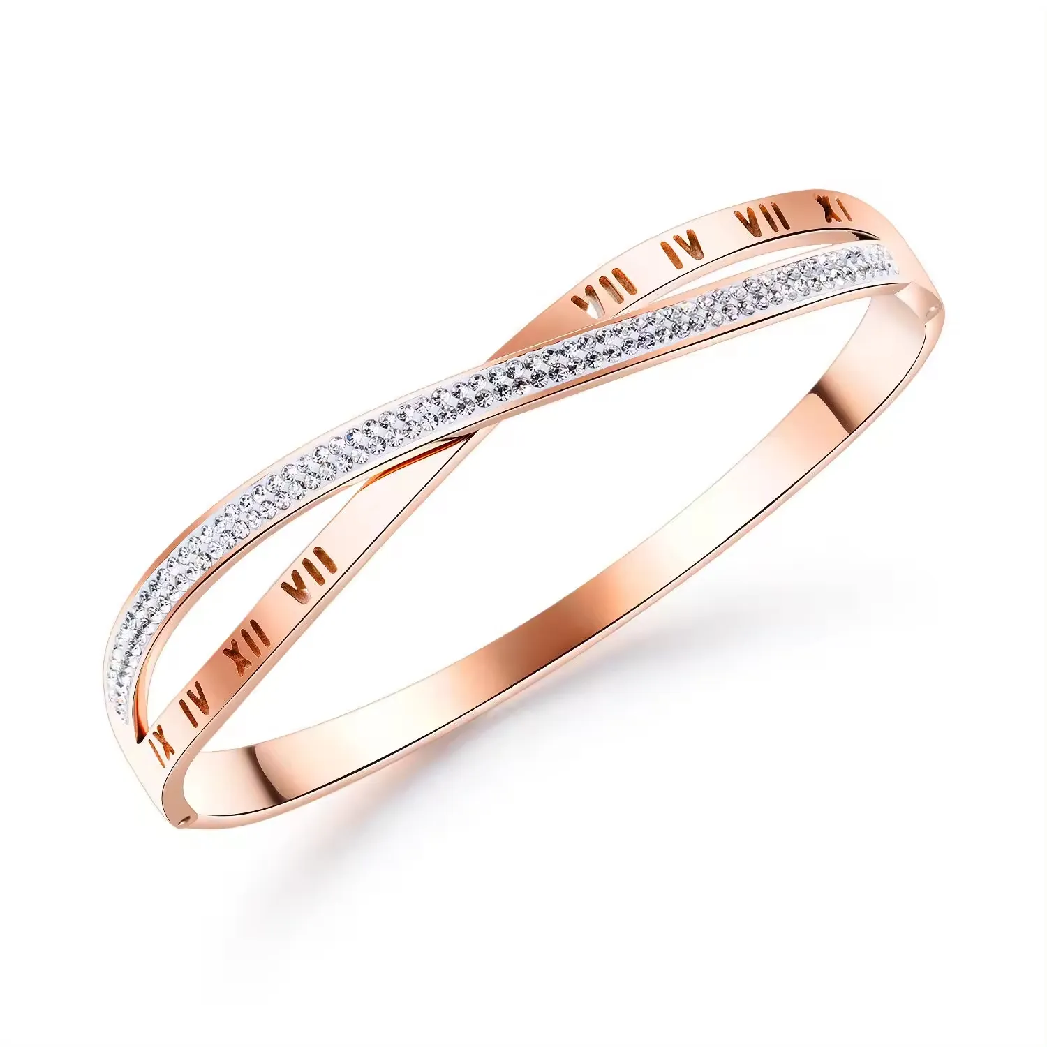 Pulseira de aço inoxidável banhada a ouro 18K, pulseira de ouro rosa, pulseira de corrente dupla trançada e trançada