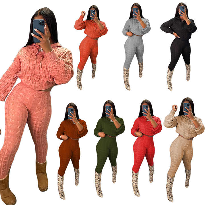 2023 Nieuwkomers Winter Herfst Vrouwen Outfits Effen Gebreide Trui Capuchon Crop Top Skinny Tweedelige Broek Sets Trui Outfits