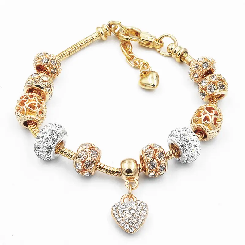 Venta al por mayor Diy cobre gran agujero cuenta pulsera diamante oro Shell te amo carta corazón pulsera