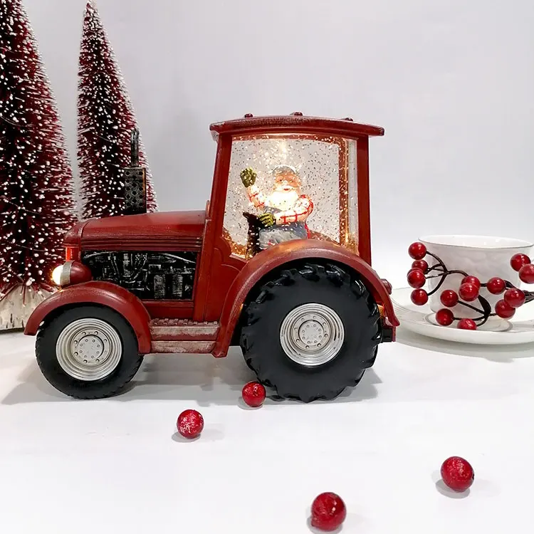 Timer di personalizzazione accettabile para navidad Red Truck Drive by Santa Spinning Christmas Snow Globe Lantern con glitter argento