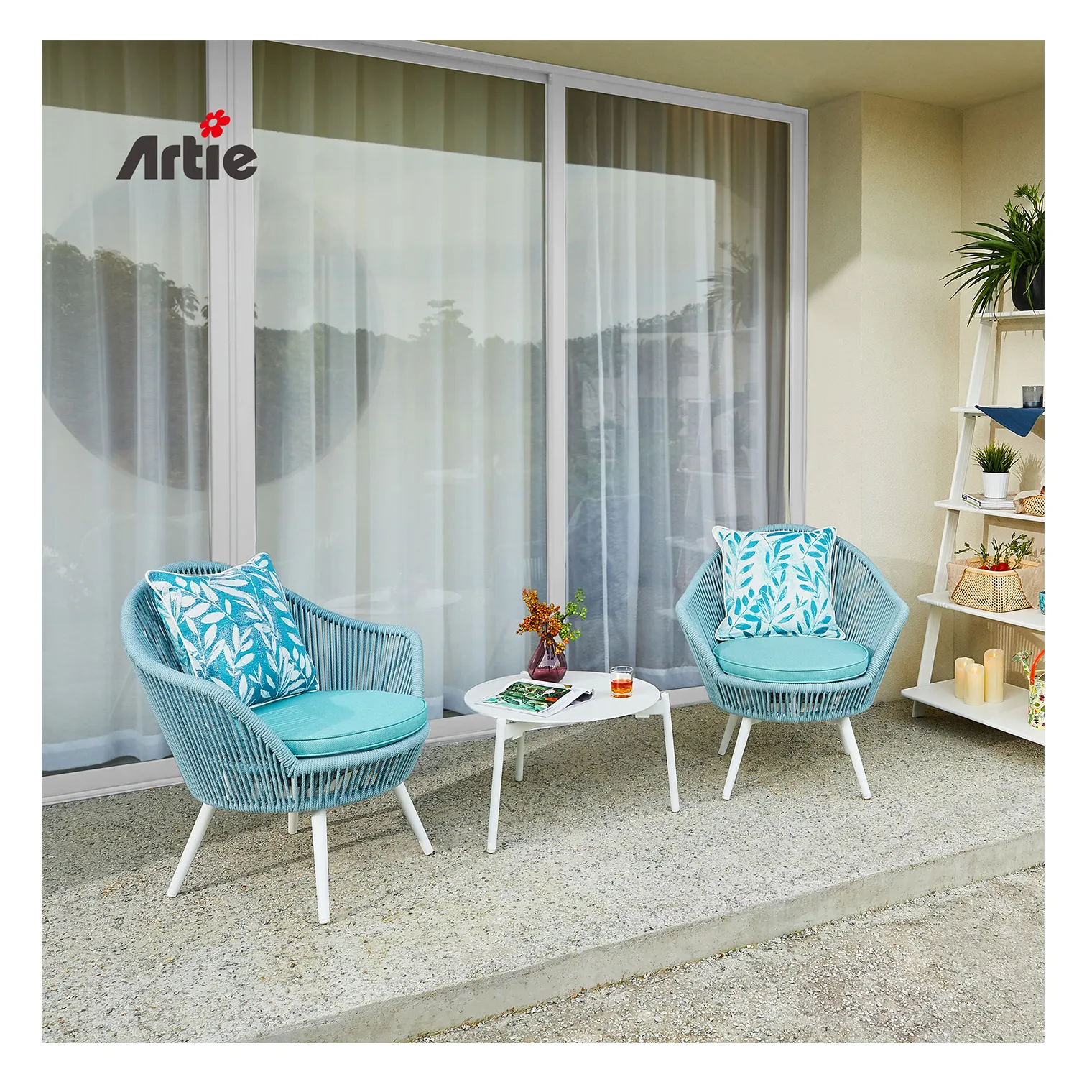 Artie Ensemble de jardin moderne Mobilier d'extérieur en aluminium 3 pièces Ensemble de chaises de table d'extérieur en corde pour balcon