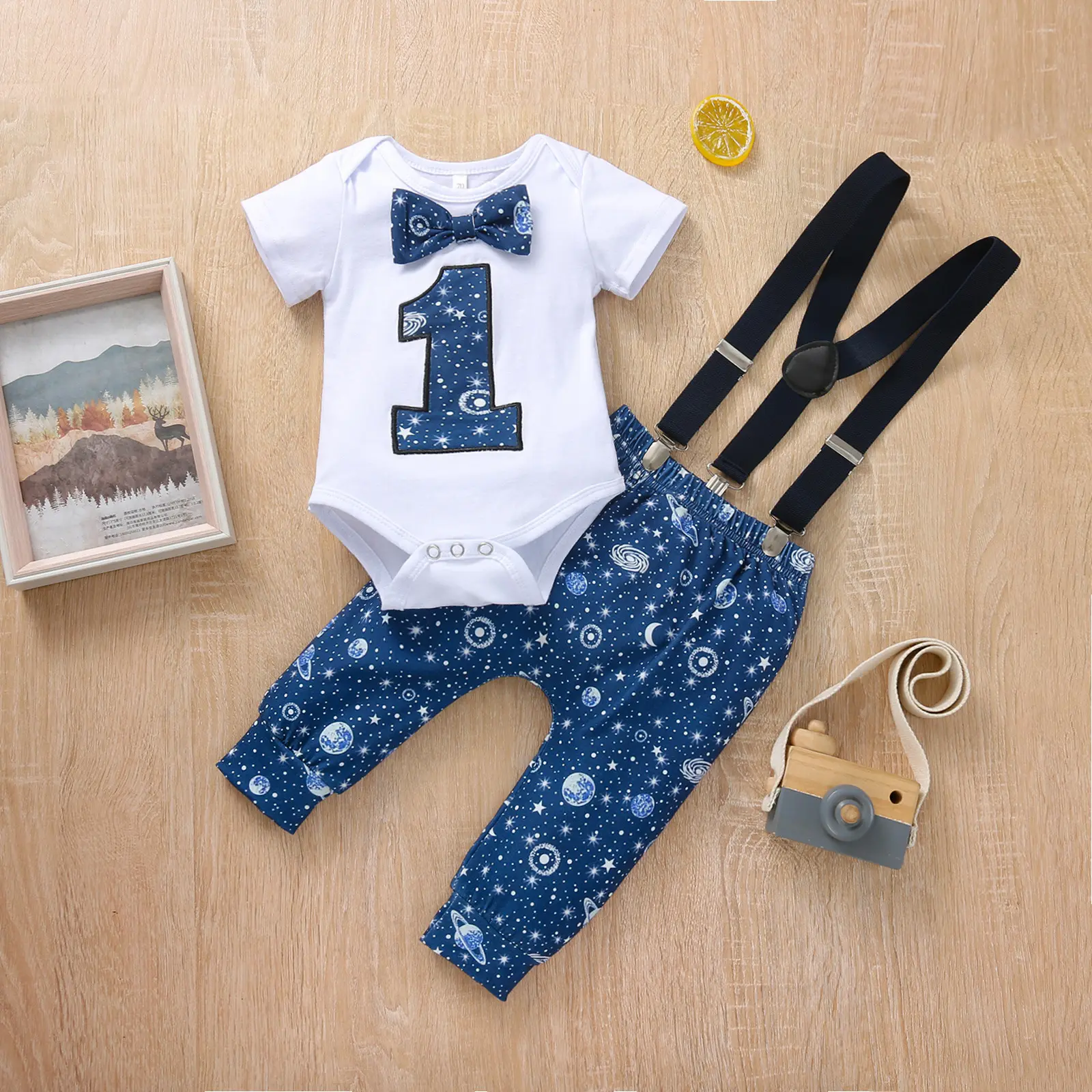 Conjunto de roupas esportivas para bebês, conjunto de 2 peças de macacão e calça suspensório para bebês, primeiro aniversário