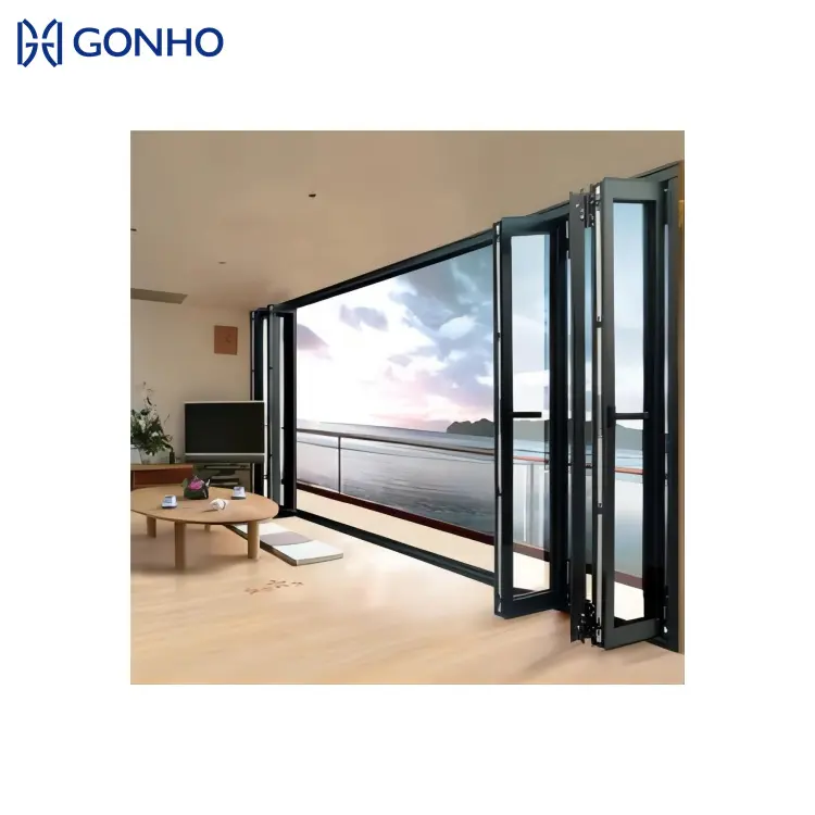 GONHO Balcón automático Puerta plegable de vidrio con puerta de rueda Puerta de patio Ventanas y puertas de aluminio