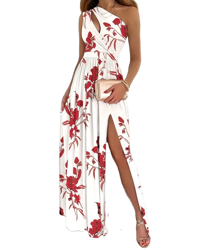 1 pz MOQ sultry vibrante all over stampa doppia cinghia A-line romantico fiore rosso asimmetrico buco della serratura Maxi abito