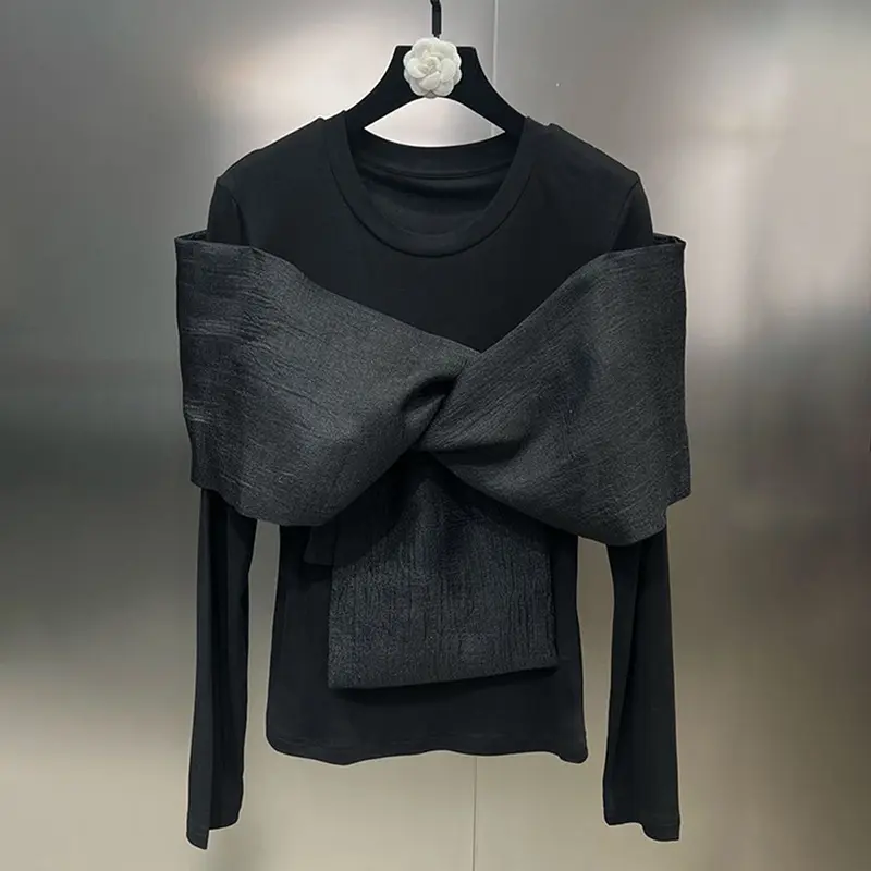 2023 nuevo diseño de alta calidad negro camisetas de manga larga bowknot mujeres slim fit tops con lazo ropa de moda