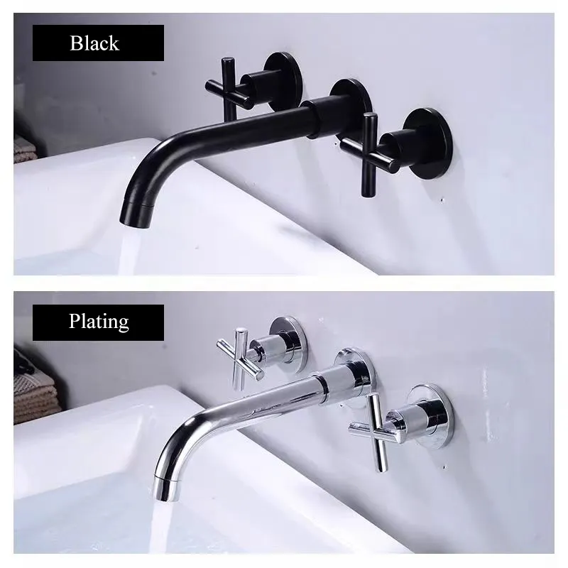 Siyah pirinç mikser gizli çift kolu sıcak ve soğuk anahtarı duvar asılı Modern banyo lavabosu havza musluk tuvalet lavabo musluğu
