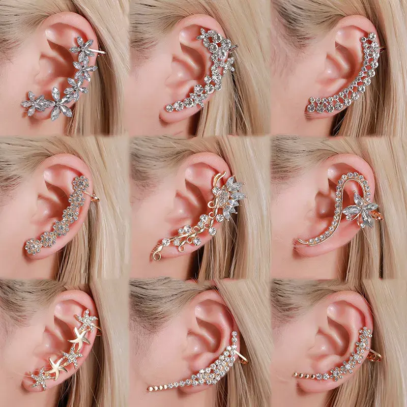 À la mode Aretes Orecchie Ohrring plein Zircon oreille manchette Wrap papillon fleurs cristal oreille Clip sur boucles d'oreilles pour femmes bijoux