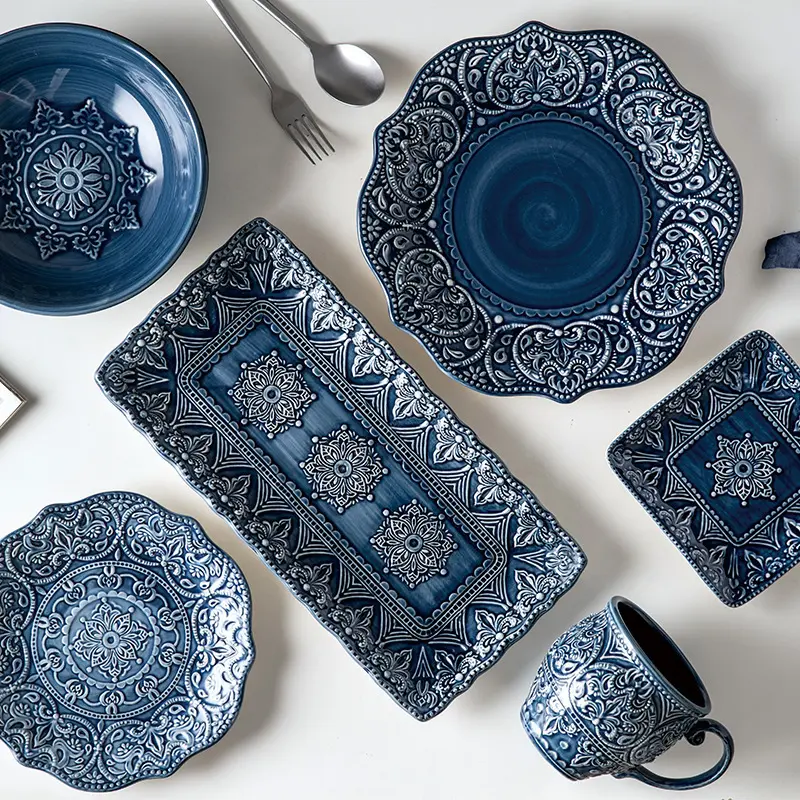 Посуда в стиле барокко, керамический набор в нордическом стиле, домашняя керамическая рельефная посуда неглазурного цвета