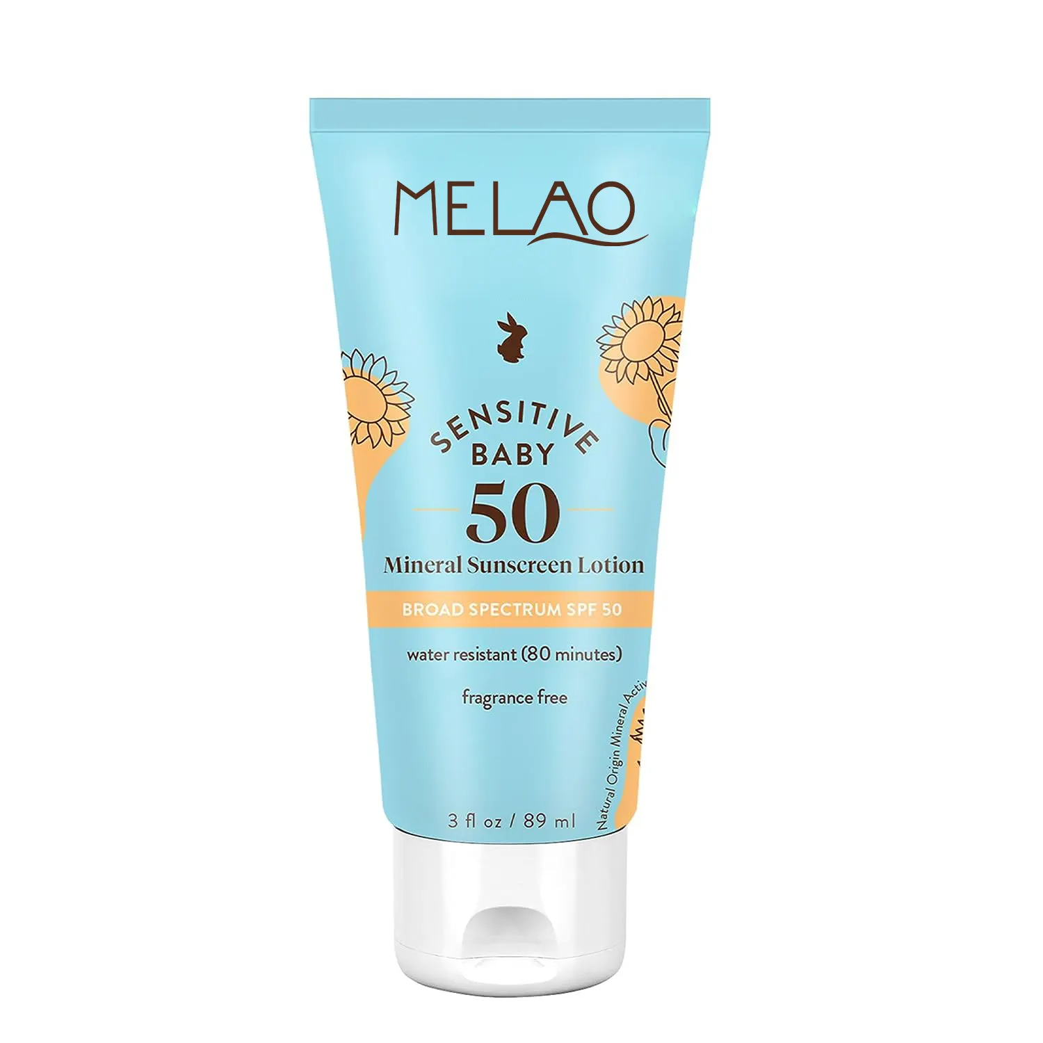 Lotion solaire naturelle de protection solaire pour le visage et le corps à l'oxyde de zinc SPF50 de marque privée personnalisée MELAO pour bébé sensible