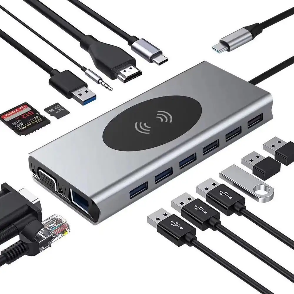 Dock di espansione Hub di tipo c 15 in 1 Docking Station per Laptop da tipo C a HDTV VGA USB 3.0 SD RJ45 PD 3.5mm Audio tutto in un HDD