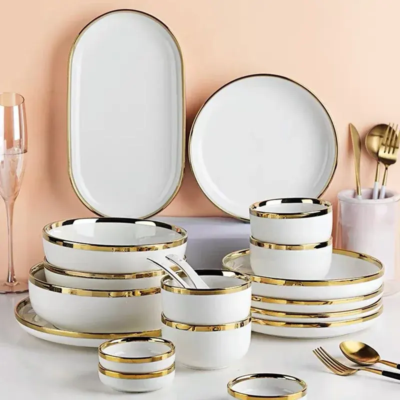 Nordic Color Glazuur Vaisselle De Luxe Gouden Randschalen Bord Sets Servies Servies Porseleinen Keramische Dinerplaat Serviesgoed