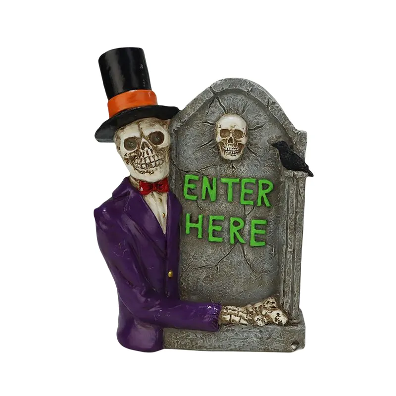 Figurina personalizzata OEM lapide resina scheletro scultura Halloween Led lapide decorazioni per la casa scultura all'aperto per la decorazione