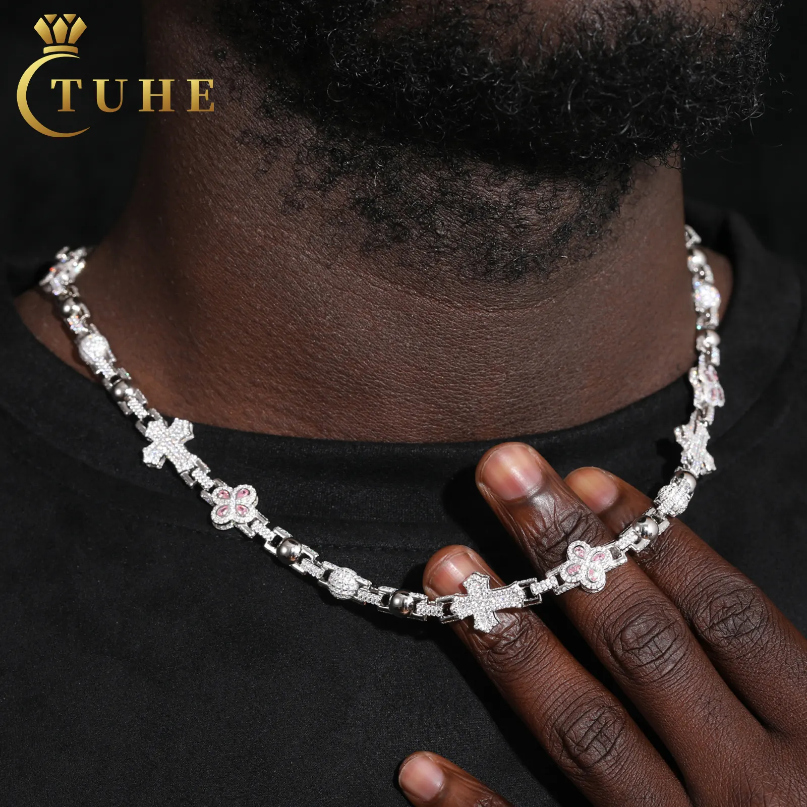 Mode or blanc 12mm 925 argent Sterling VVS Moissanite diamant glacé croix rose trèfle breloque perle lien chaîne collier
