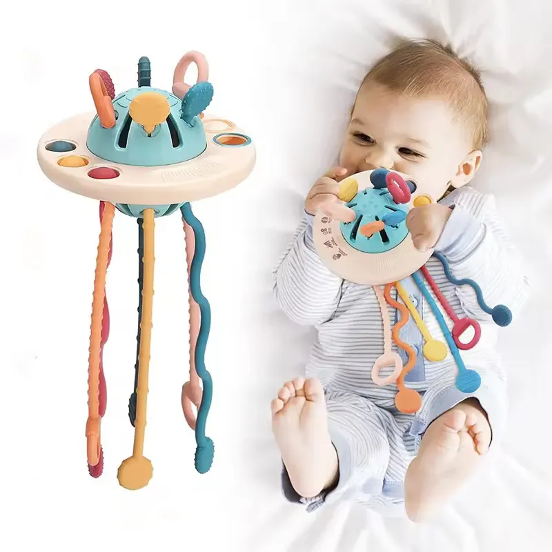 Bebé Montessori tirar de la cuerda juguetes sensoriales de desarrollo OVNI mordedor silicona bebé actividad juguetes educativos para la dentición