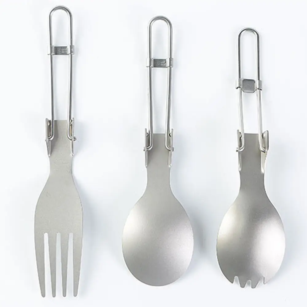 Titanium 3 Stuks Camping Outdoor Gebruiksvoorwerp Set Spork Vork Lepel Met Opvouwbare Handgreep Ontwerp Servieset Voor Wildernis Avonturen