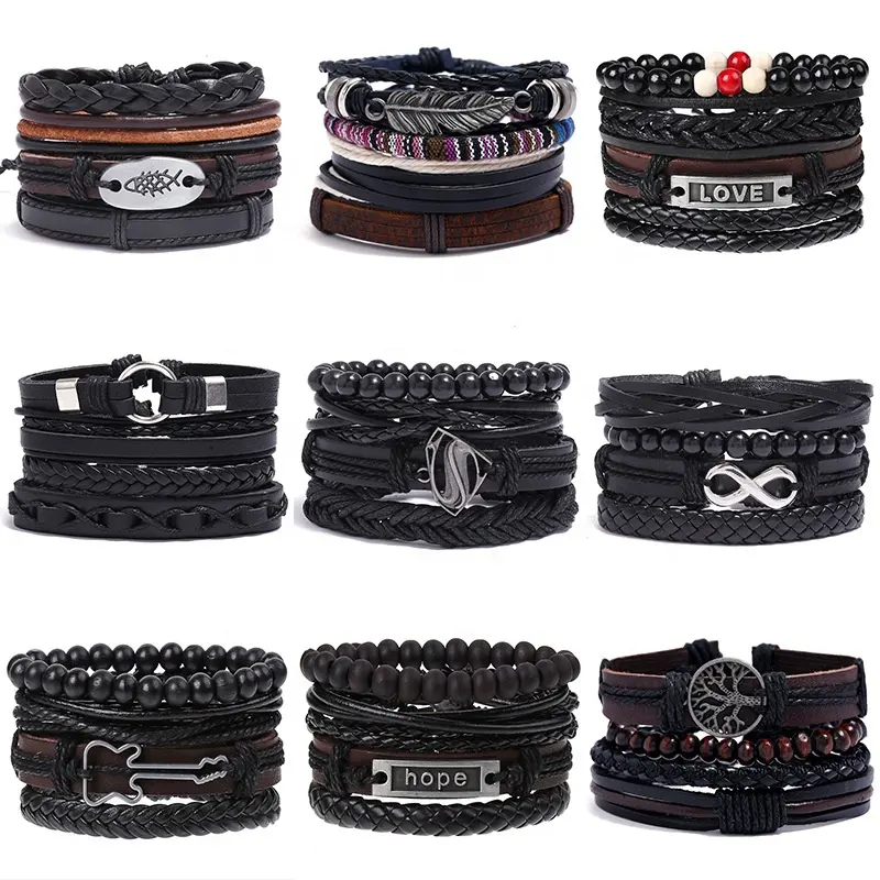 Mới Nhiều Lớp Rộng Bọc Da Đen Bracelet Set Cho Nam Giới Bán Buôn 3-4 Cái Vintage Men S Phụ Kiện Neo Lá Owl Bracelet