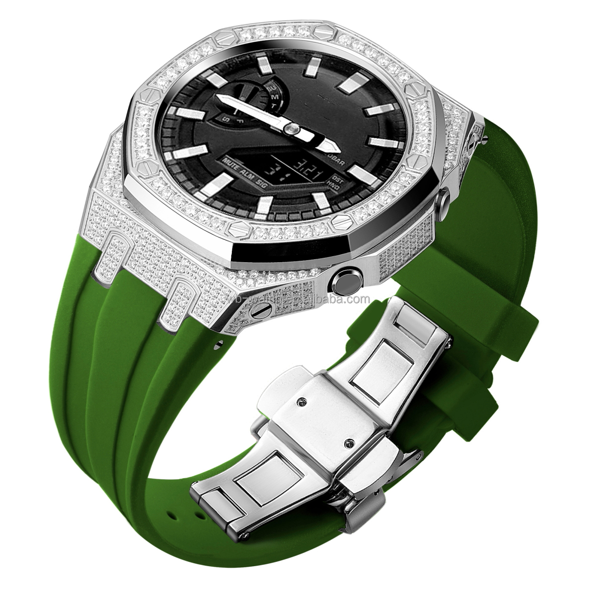 Diamond Set Silver Ring +Silver Case + Green Strap