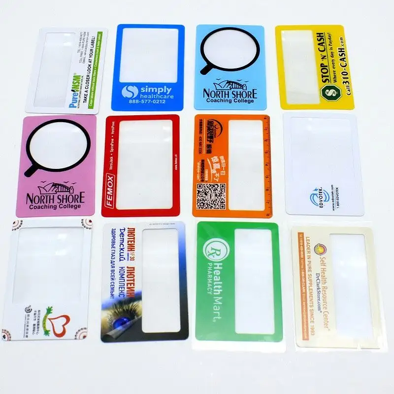 Regali promozionali Logo personalizzato lente d'ingrandimento per carte di credito tasca in plastica con lente d'ingrandimento biglietti da visita per portafoglio
