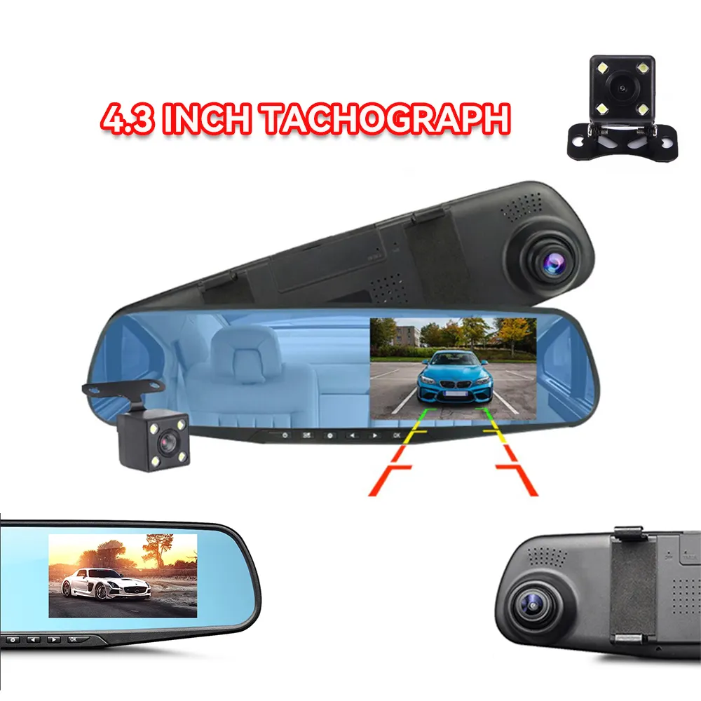 Dash Cam HD 4.3 P da 720 pollici per DVR per auto 170 specchietto retrovisore grandangolare anteriore e posteriore Dual Camera Parking Dash cam videoregistratore