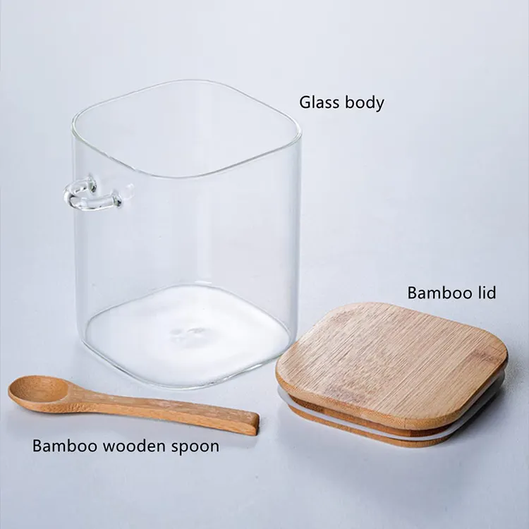 Contenedor de almacenamiento de alimentos de vidrio, con tapa de bambú y cuchara de madera, Forma cuadrada, 1000ml, 1200ml, 1500ml