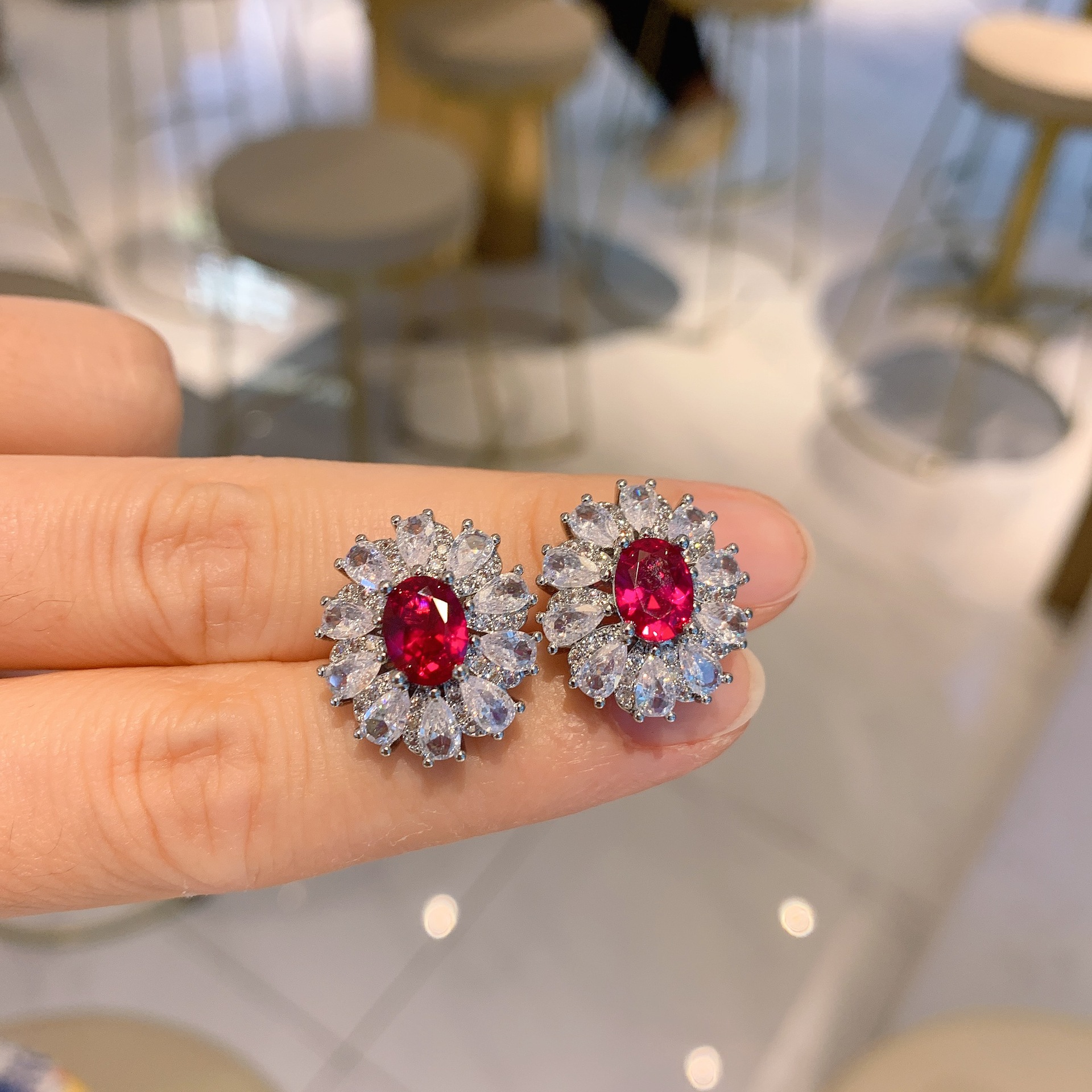 Red corundum ear studs