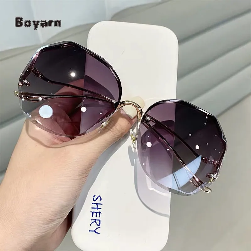 Boyarn Rimless Net Red Sunglasses Female Ins Transparent Ocean Gradient Tea Pink Sunglasses 2022 New Trend Shades
