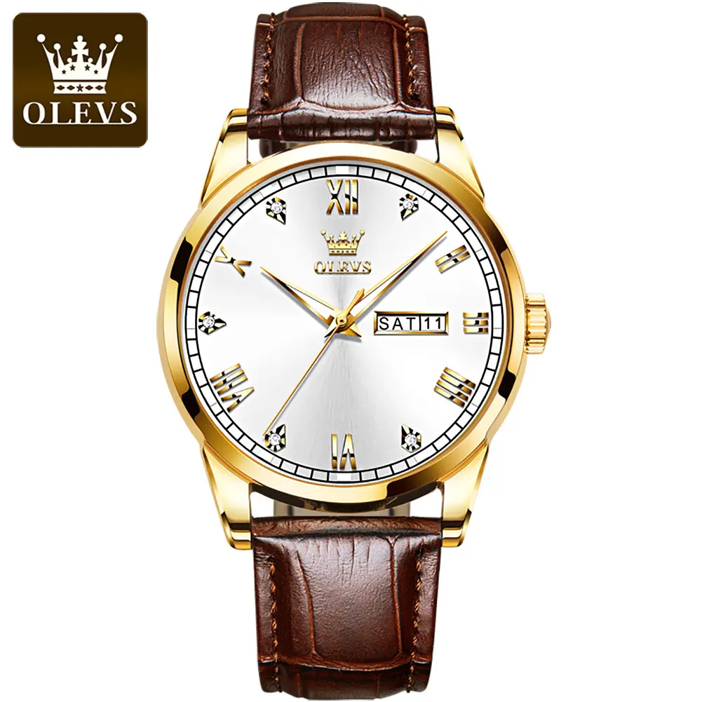 OLEVS-reloj personalizado con esfera de logotipo, correa de cuarzo de cuero genuino, resistente al agua, de fábrica de China, cronógrafo, 6896