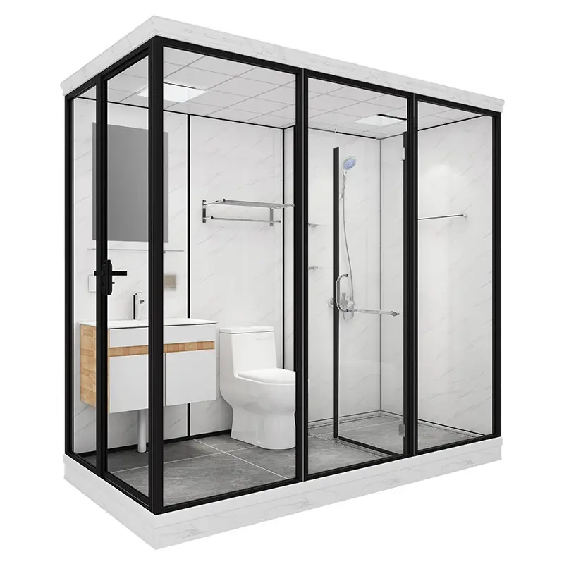 Baño prefabricado Unidad de baño prefabricada Inodoro portátil Pared de vidrio templado Herrajes de lujo