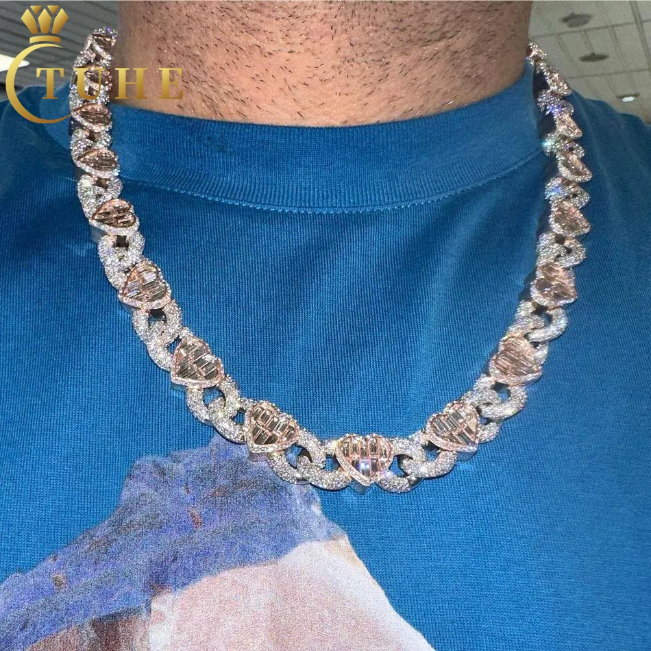 Passe diamant testeur personnalisé Hip Hop bijoux 20mm hommes Baguette Moissanite coeur glacé cubain lien chaîne collier