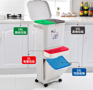 Cubo de basura de clasificación de estilo japonés, separación en seco y húmedo, doble capa, para cocina, hogar, con pedal de tapa