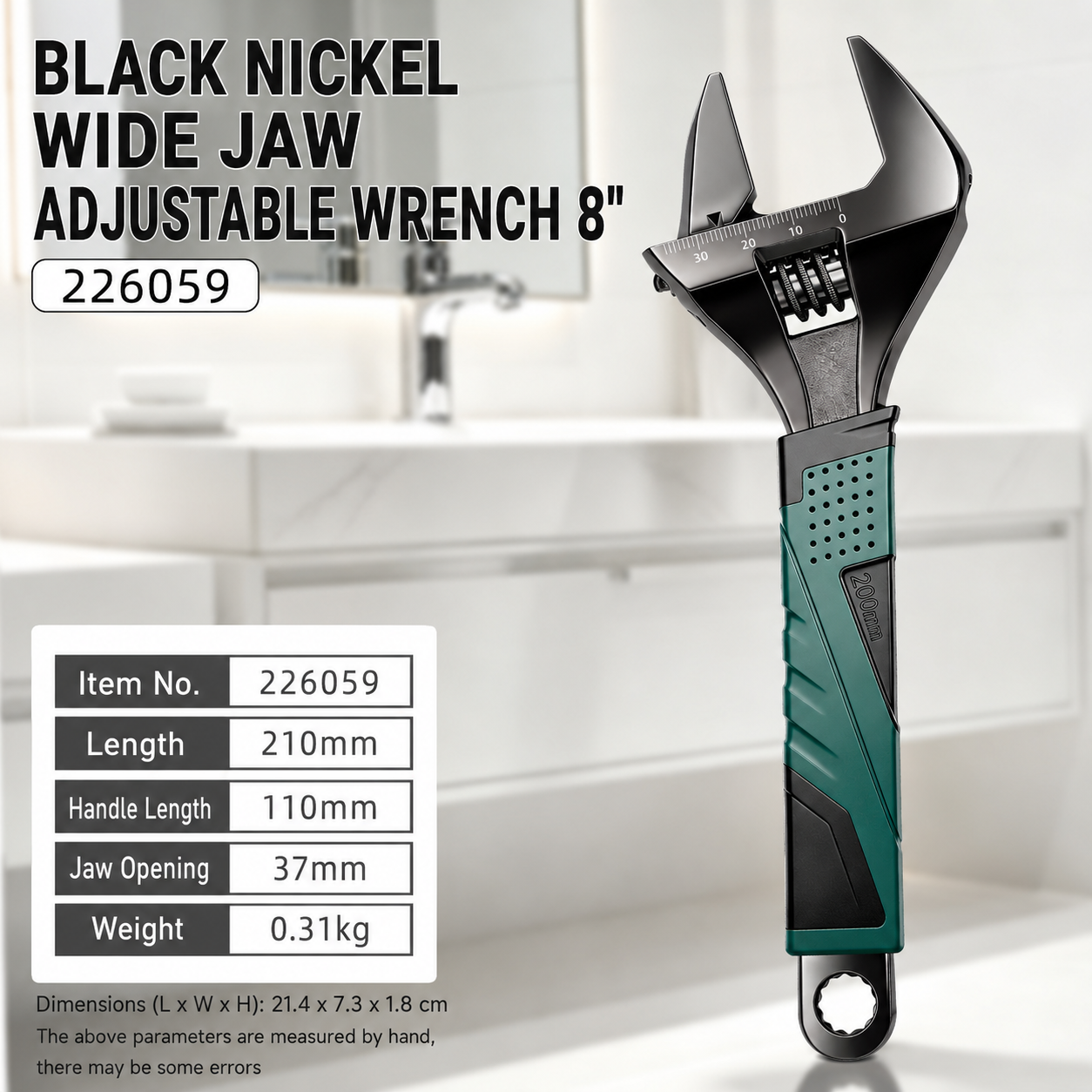 8-inch large opening black nickel adjustable wrench